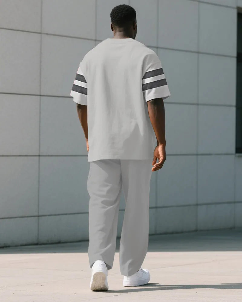 Big & Tall Gray Colorblock Striped T-Shirt Pants Set for big men view 4