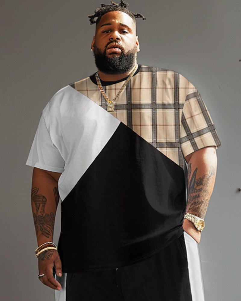 Big & Tall Black White Plaid T-Shirt Shorts Set for big men view 3