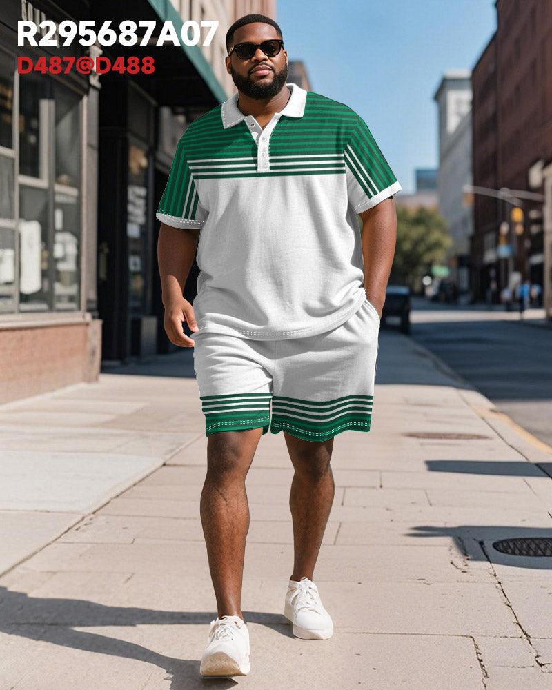 Big & Tall Green Gradient Striped Polo Shorts Set for big men view 2