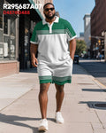 Big & Tall Green Gradient Striped Polo Shorts Set for big men view 2