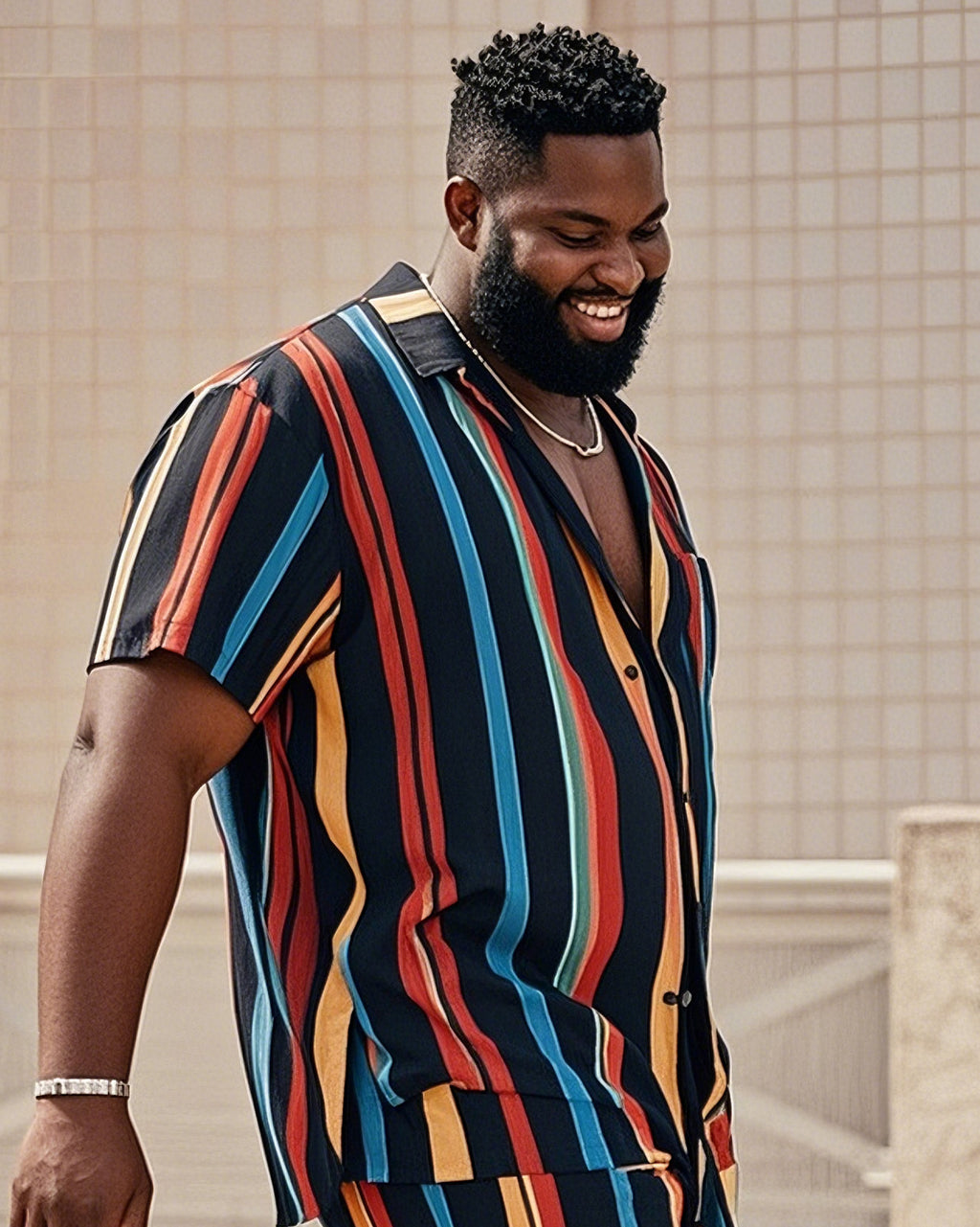 Big & Tall Colorblock Striped T-Shirt Shorts Set for big men view 2