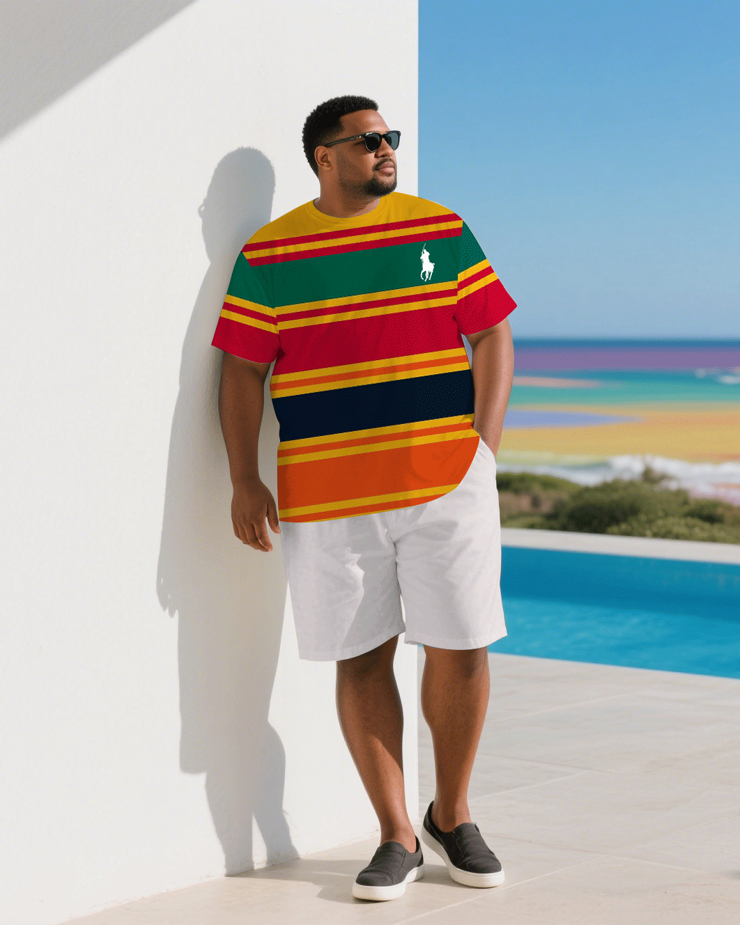 Big & Tall Red Yellow Striped T-Shirt Shorts Set for big men view 1