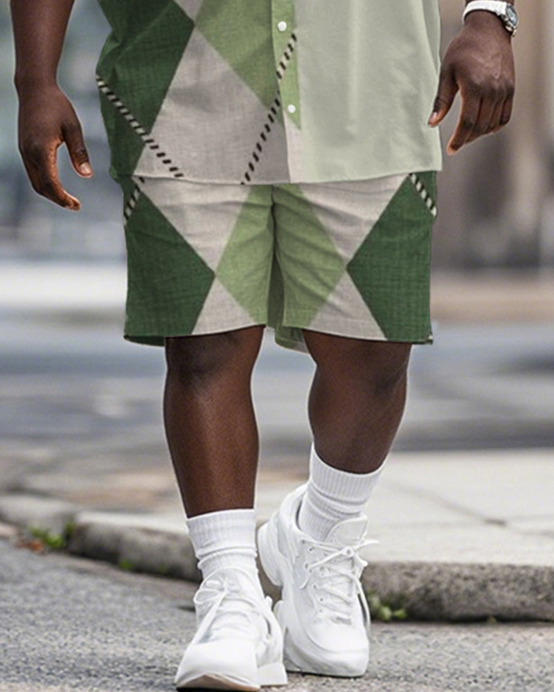 Big & Tall Green Graphic Patchwork T-Shirt Shorts Set for big men view 3