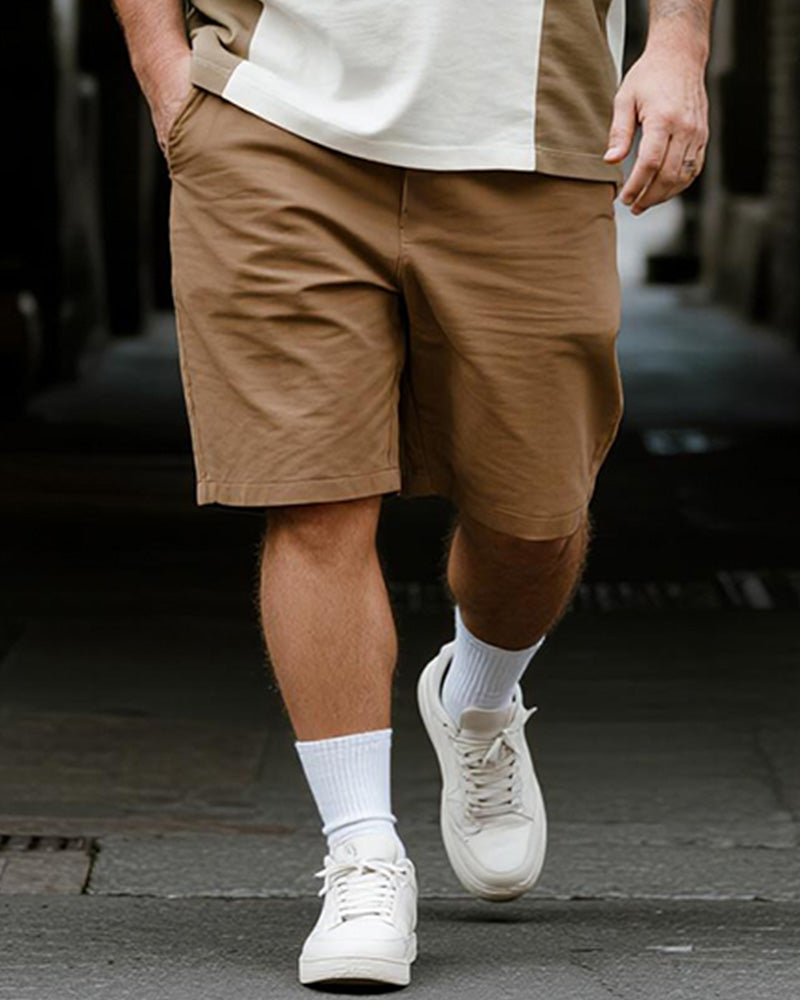 Big & Tall Khaki Striped Graphic T-Shirt Shorts Set for big men view 3