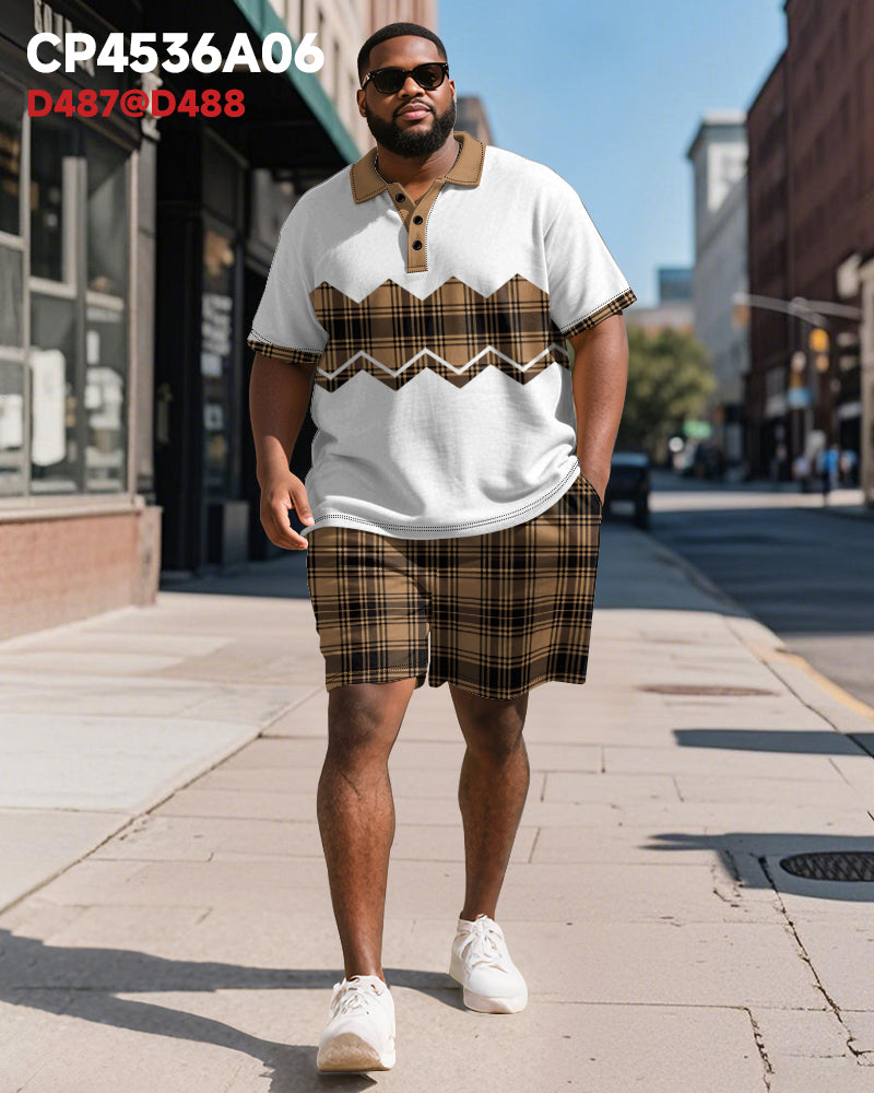 Big & Tall Brown Colorblock Graphic Polo Shorts Set for big men view 4