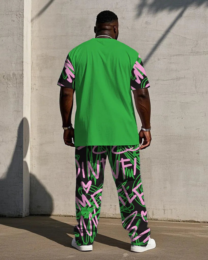 Big & Tall Green Pink Graffiti T-Shirt Pants Set for big men view 4
