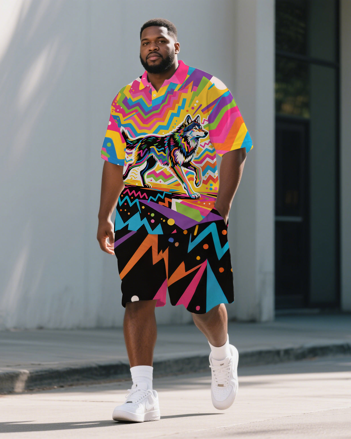 Big & Tall Geometric Polo Shorts Set for big men view 1