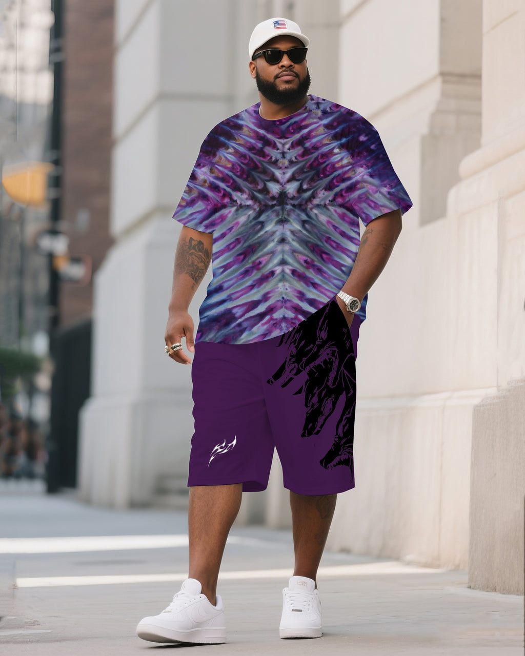 Big & Tall Black Colorblock T-Shirt Shorts Set for big men view 1