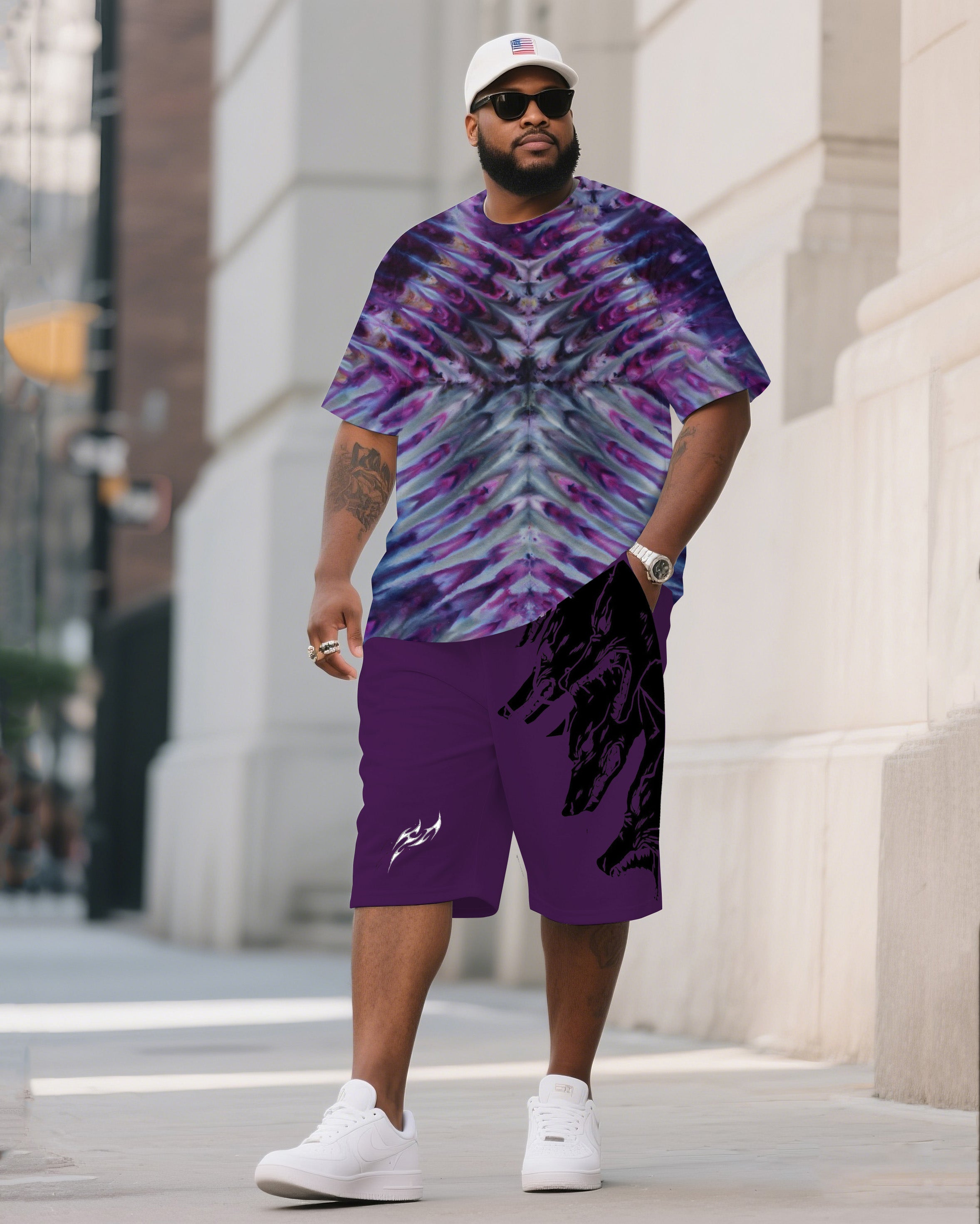 Big & Tall Black Colorblock T-Shirt Shorts Set for big men view 1