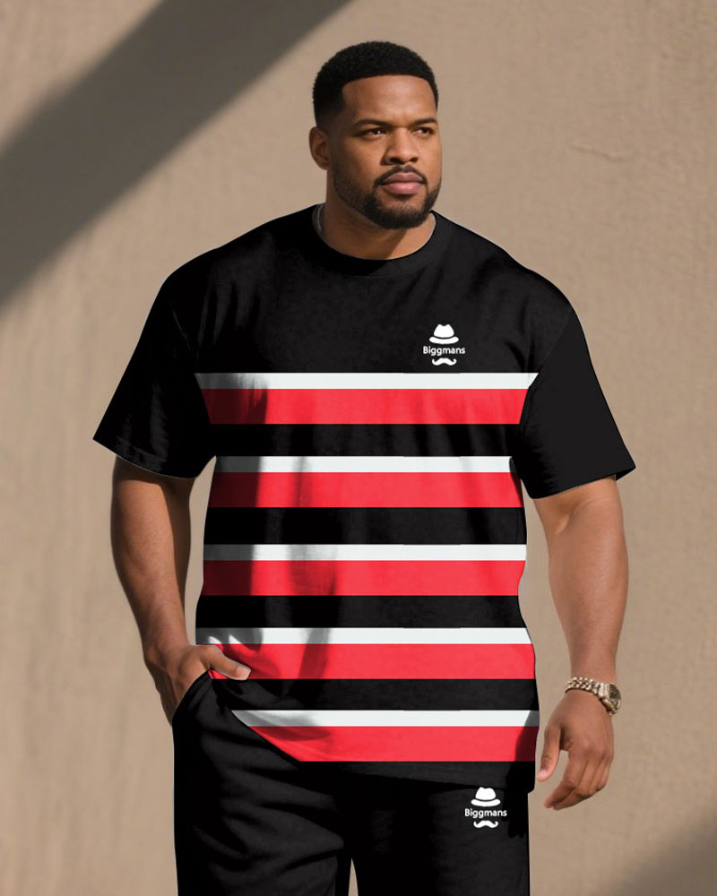 Big & Tall Black White Striped T-Shirt Shorts Set for big men view 2