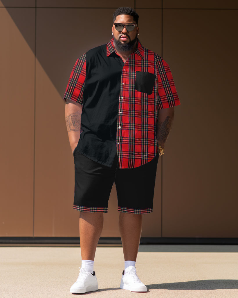 Big & Tall Red Plaid Streetwear Shirt Shorts Set for big men view 1