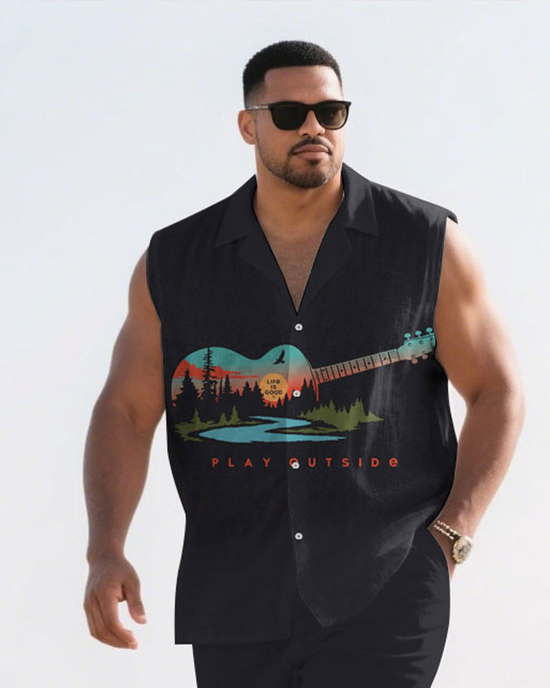 Big & Tall Black Hawaiian Graphic T-Shirt Shorts Set for big men view 2