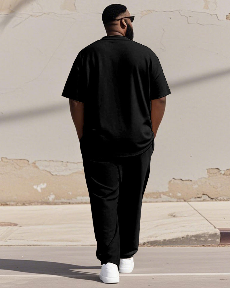 Big & Tall Black Khaki Colorblock T-Shirt Pants Set for big men view 4