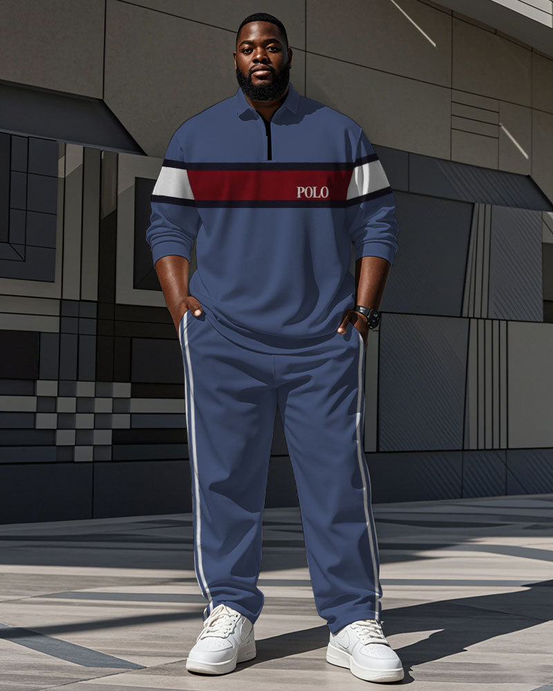Big & Tall White Blue Striped Polo Pants Set for big men view 1