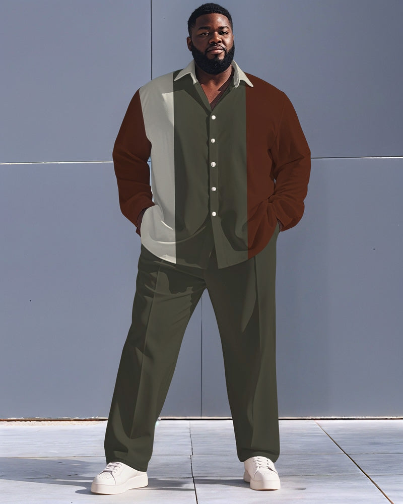 Big & Tall Brown Green Striped T-Shirt Pants Set for big men view 1