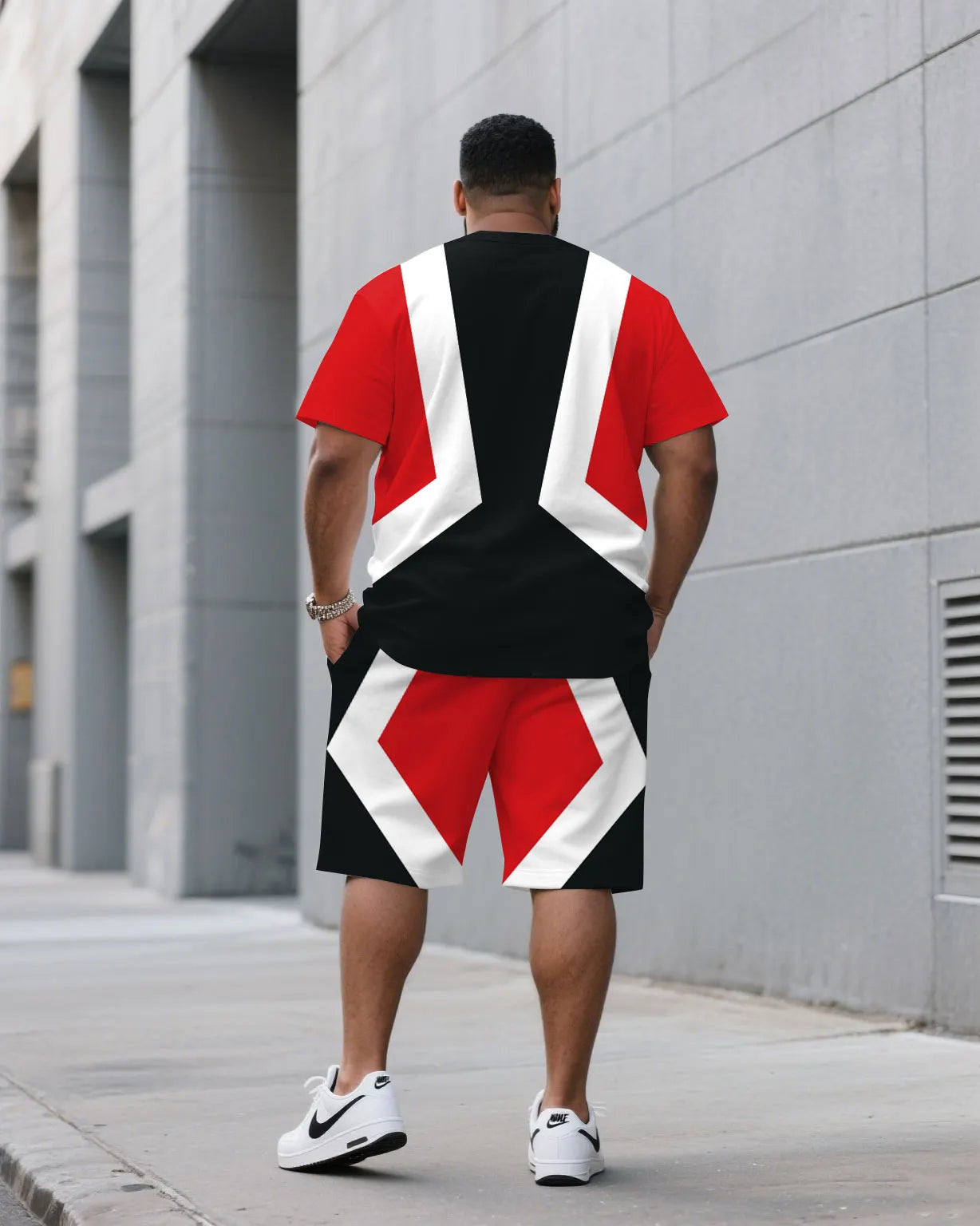 Big & Tall Black White Colorblock T-Shirt Shorts Set for big men view 4