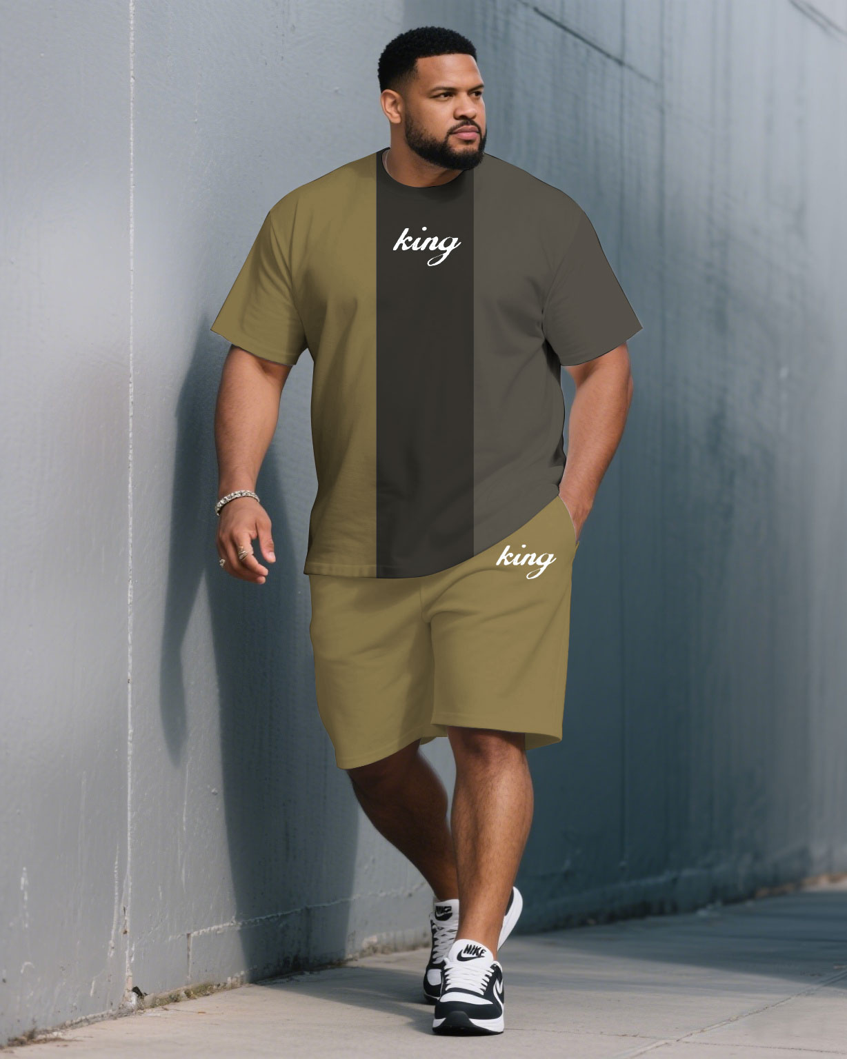 Big & Tall Khaki Gray Colorblock T-Shirt Shorts Set for big men view 1