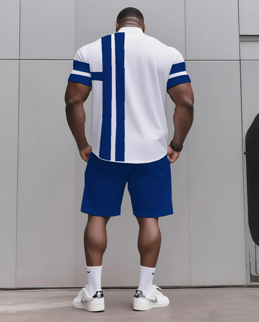 Big & Tall Black Blue Striped T-Shirt Shorts Set for big men view 12