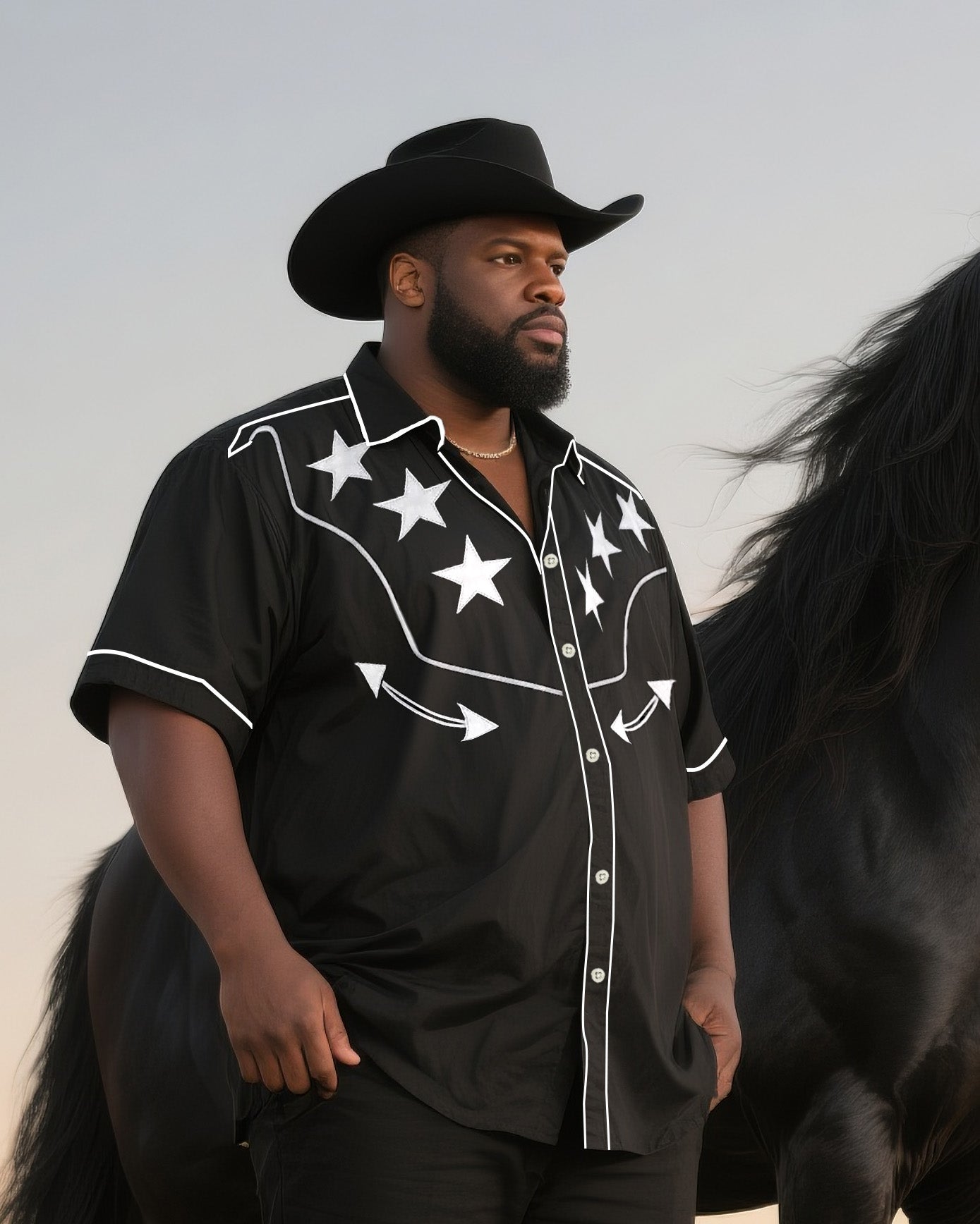 Big & Tall Black Western T-Shirt Pants Set for big men view 2