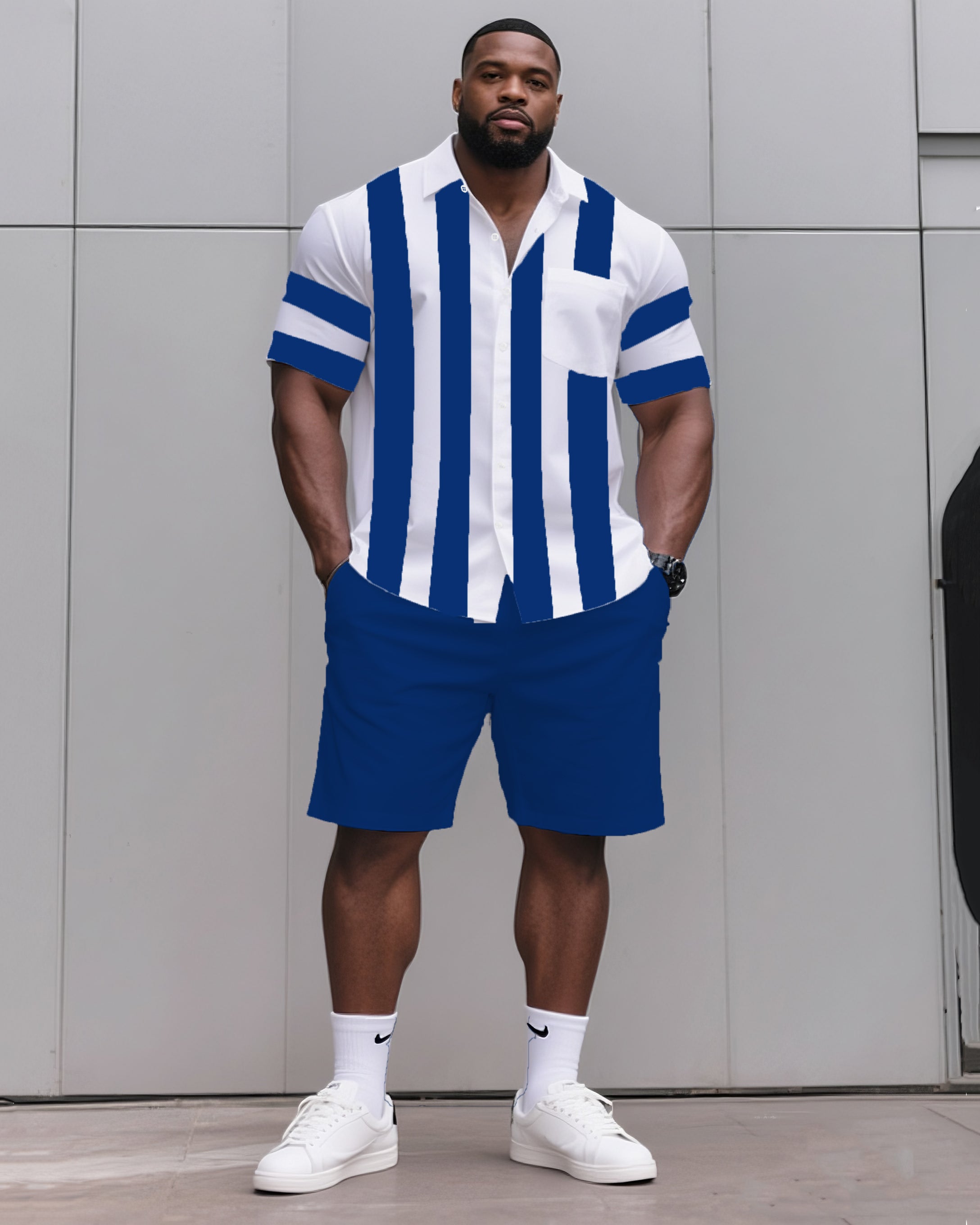 Big & Tall Black Blue Striped T-Shirt Shorts Set for big men view 11