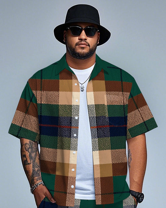 Big & Tall Brown Green Plaid T-Shirt Shorts Set for big men view 2