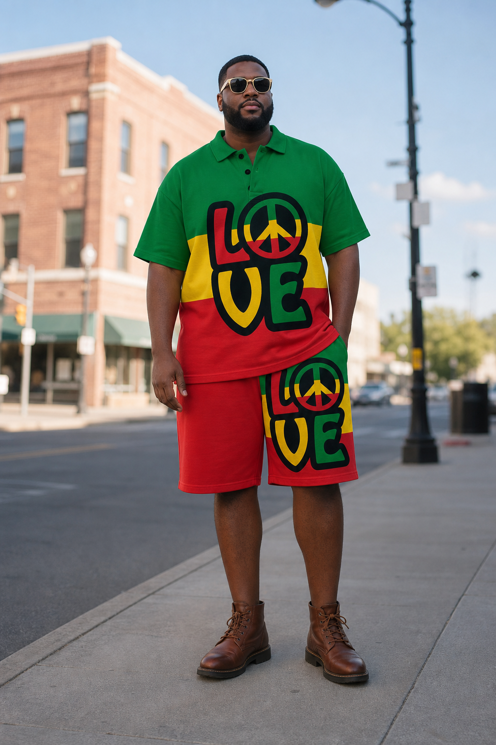 Big & Tall Red Green Colorblock Polo Shorts Set for big men view 2