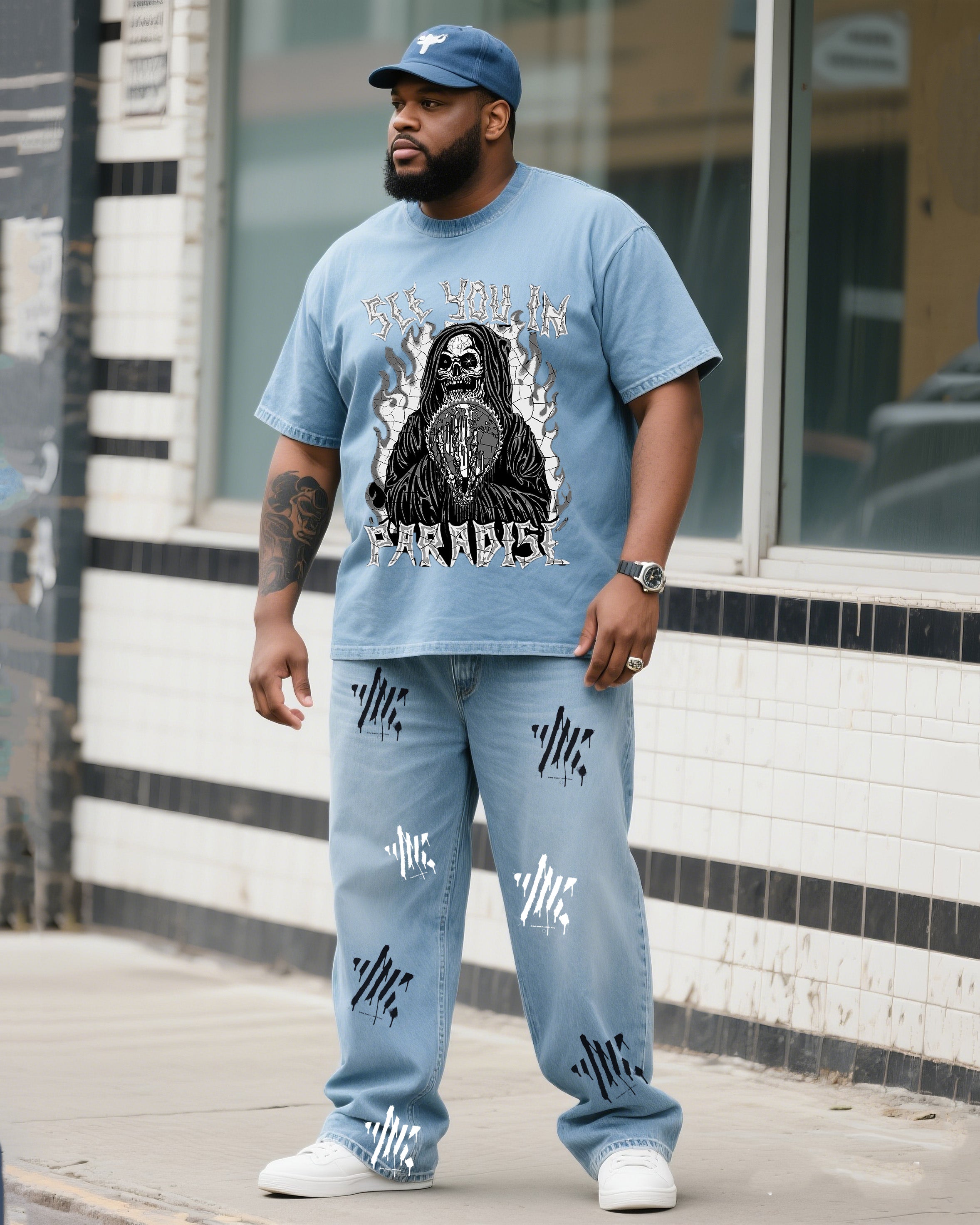 Big & Tall Denim Graphic T-Shirt Pants Set for big men