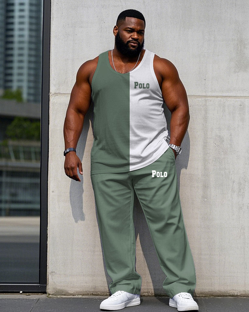 Big & Tall White Green Patchwork Vest Pants Set for big men view 1