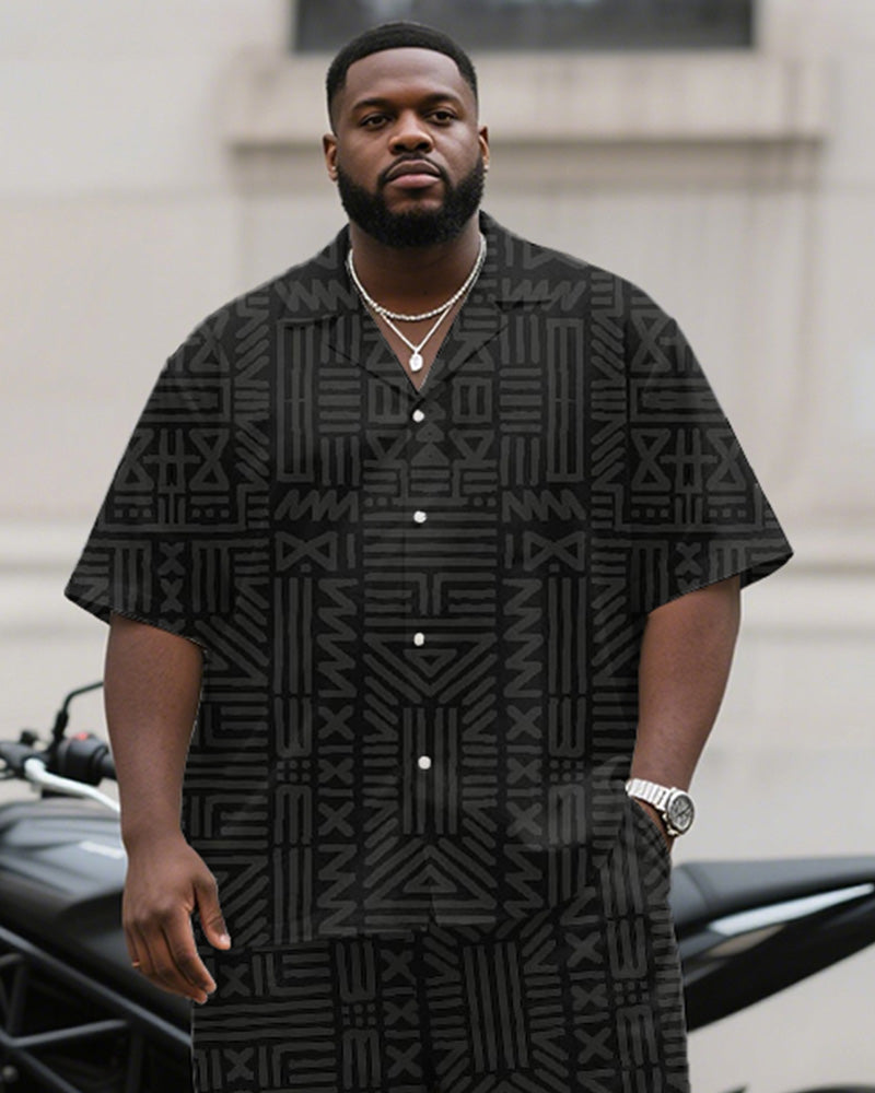 Big & Tall Black Geometric Graphic T-Shirt Pants Set for big men view 2