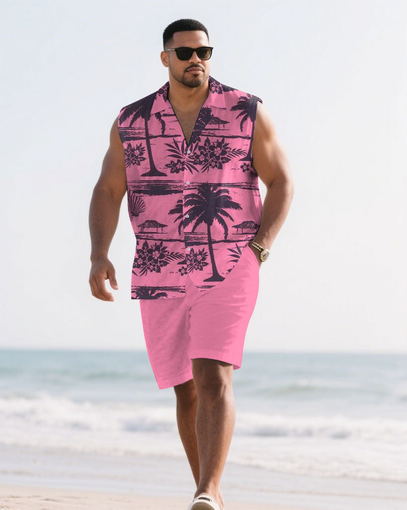 Big & Tall Pink Hawaiian Graphic T-Shirt Shorts Set for big men view 1