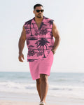 Big & Tall Pink Hawaiian Graphic T-Shirt Shorts Set for big men view 1