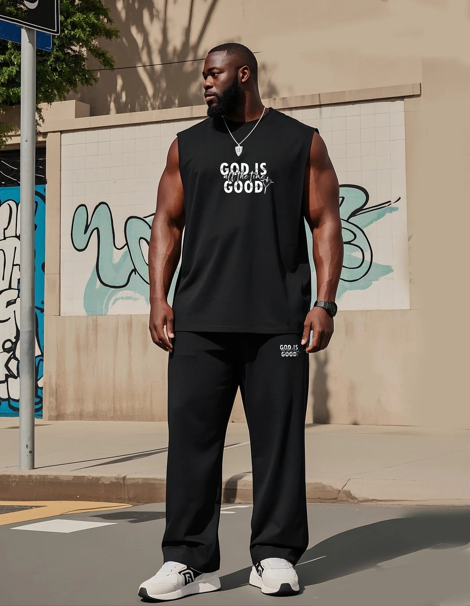Big & Tall Graphic Streetwear Vest Pants Set for big men view 3