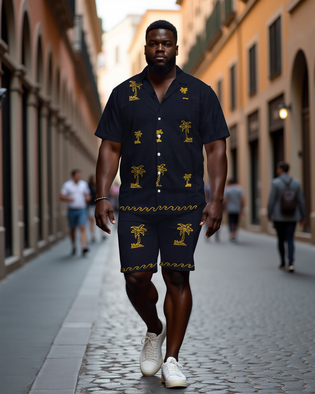 Big & Tall Black Hawaiian T-Shirt Shorts Set for big men view 1