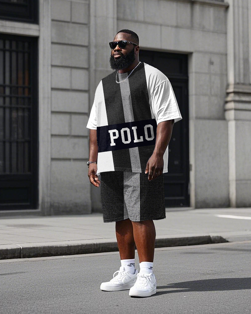 Big & Tall Black White Colorblock T-Shirt Shorts Set for big men view 1