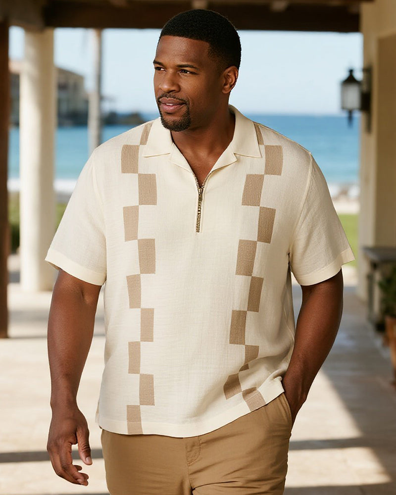 Big & Tall Beige Geometric Business Casual Polo Shirt for big men