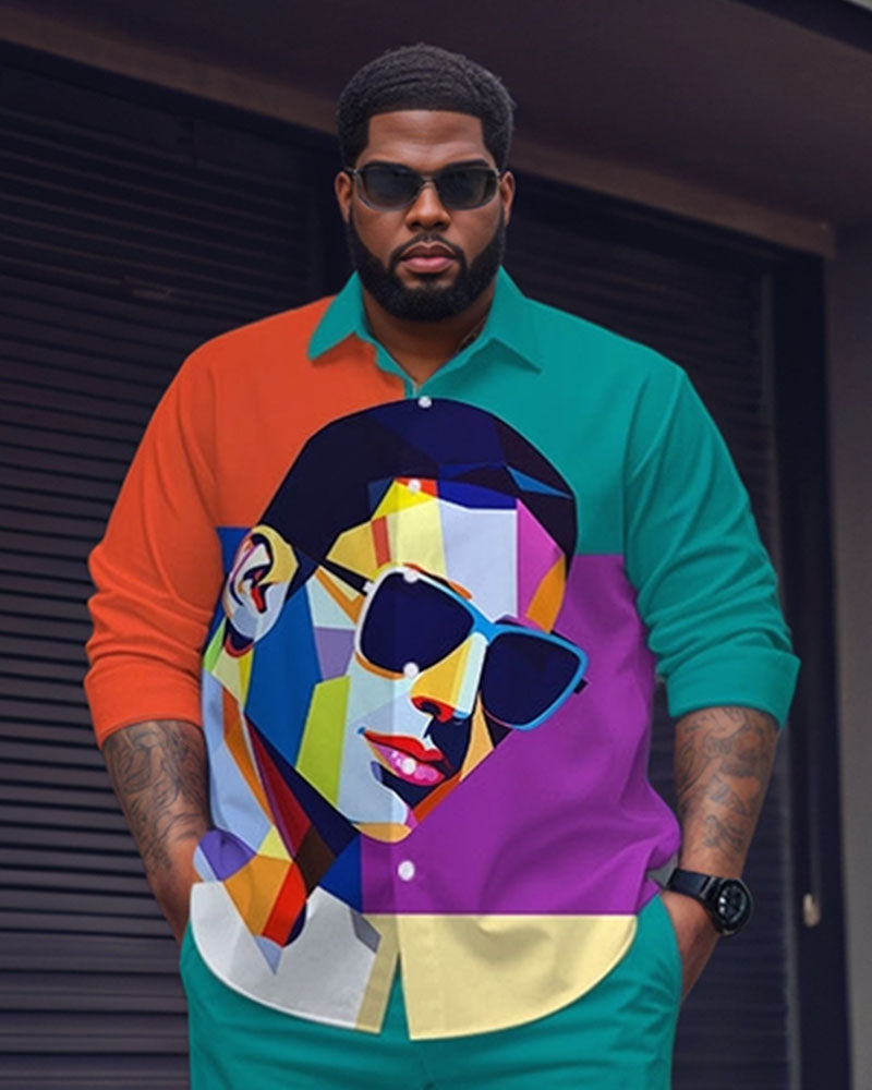 Big & Tall Red Green Colorblock T-Shirt Pants Set for big men view 2