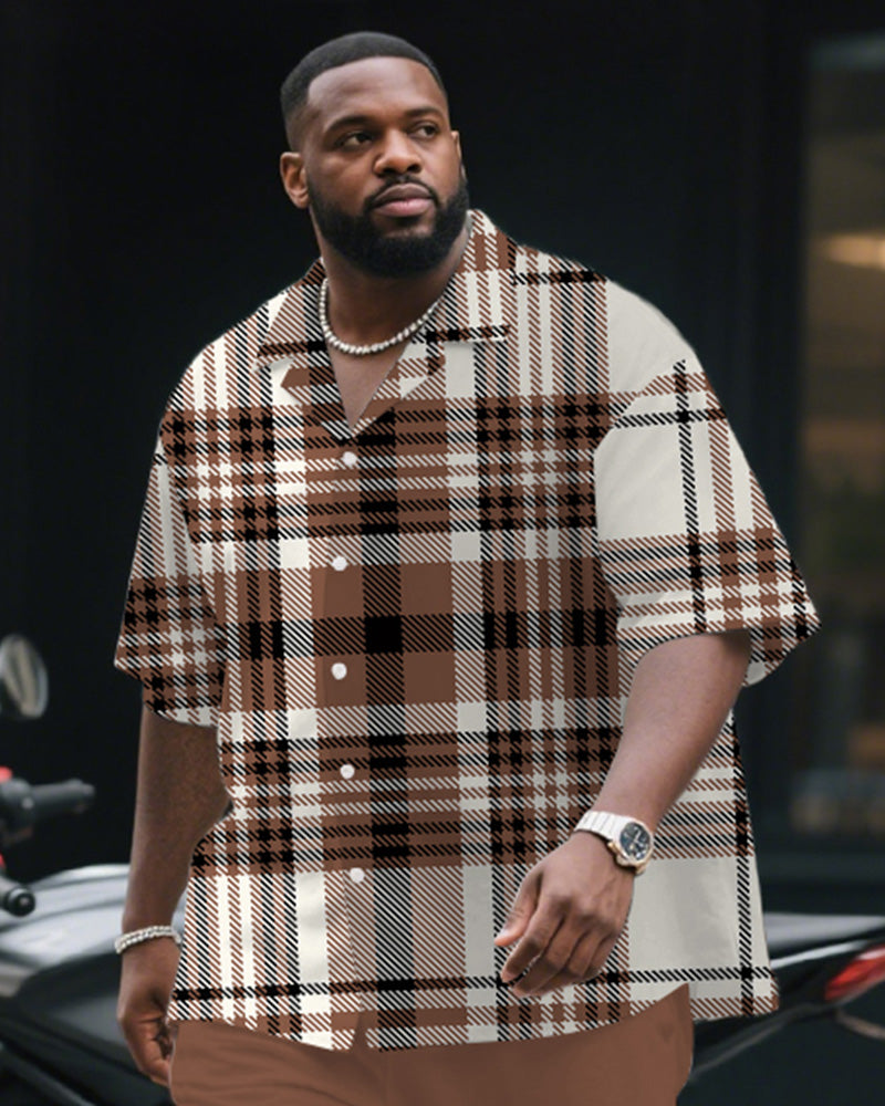 Big & Tall Brown Plaid Graphic T-Shirt Pants Set for big men view 2