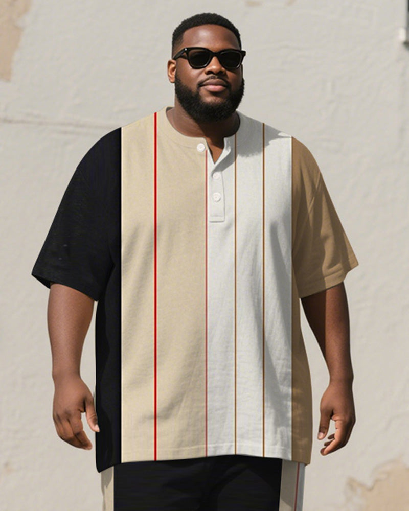 Big & Tall Black Khaki Colorblock T-Shirt Pants Set for big men view 2