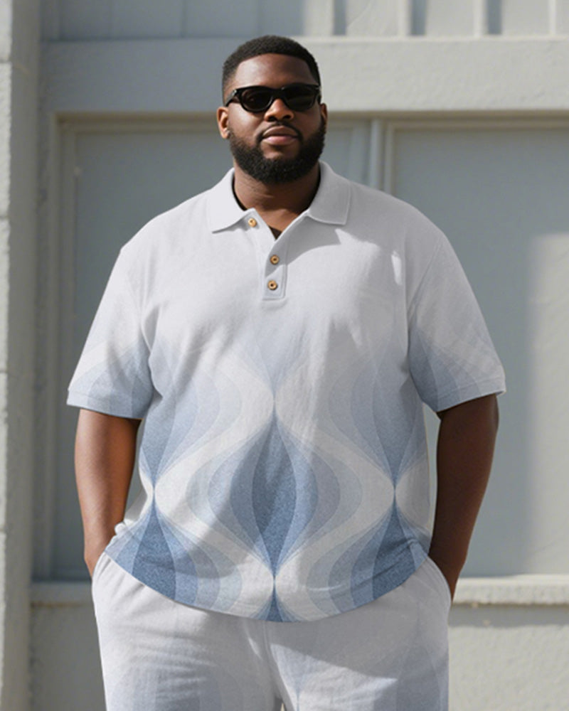 Big & Tall Blue Gradient Geometric Polo Shorts Set for big men view 2