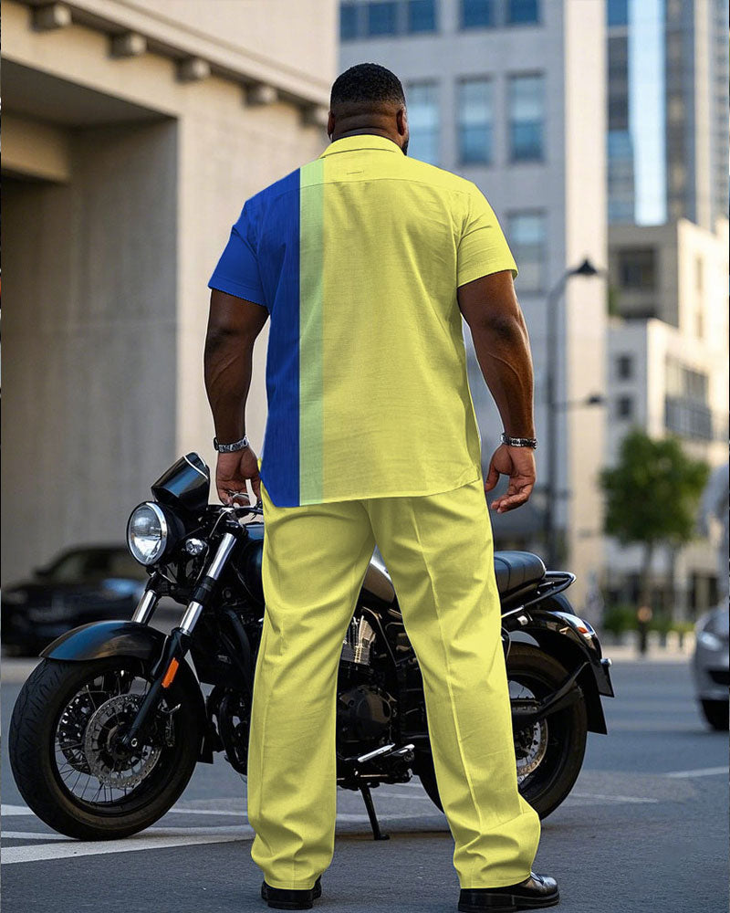 Big & Tall Blue Yellow Colorblock T-Shirt Pants Set for big men view 4