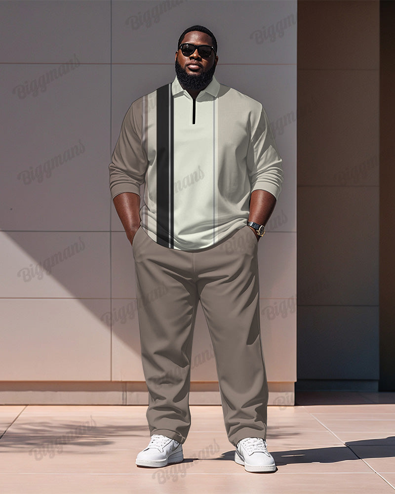 Big & Tall Khaki Striped Graphic Polo Pants Set for big men view 1