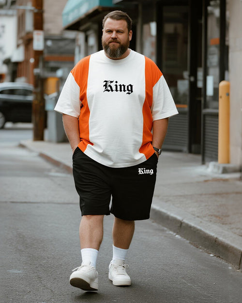 Big & Tall Orange Striped Graphic T-Shirt Shorts Set for big men view 1