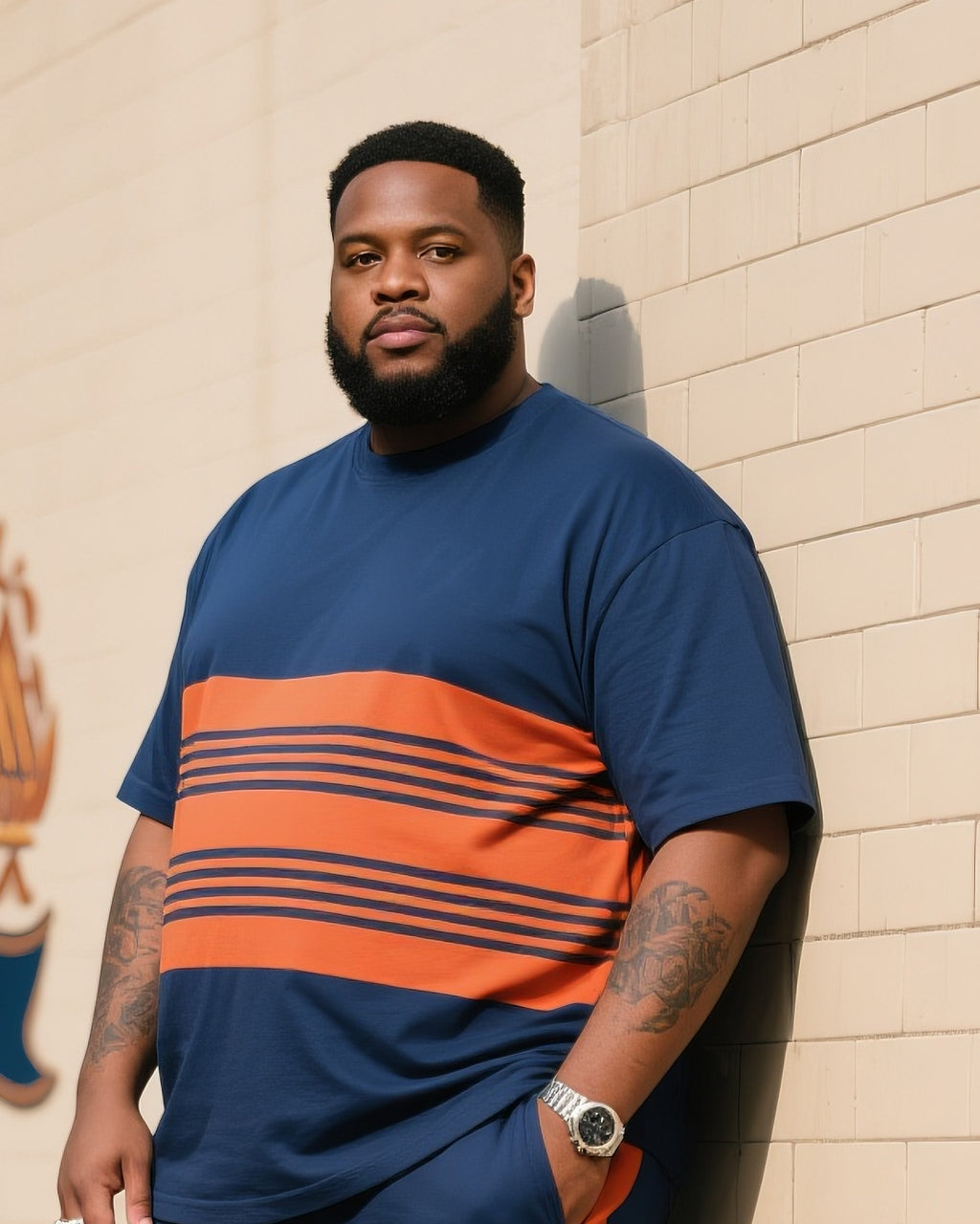 Big & Tall Blue Orange Striped T-Shirt Pants Set for big men view 2