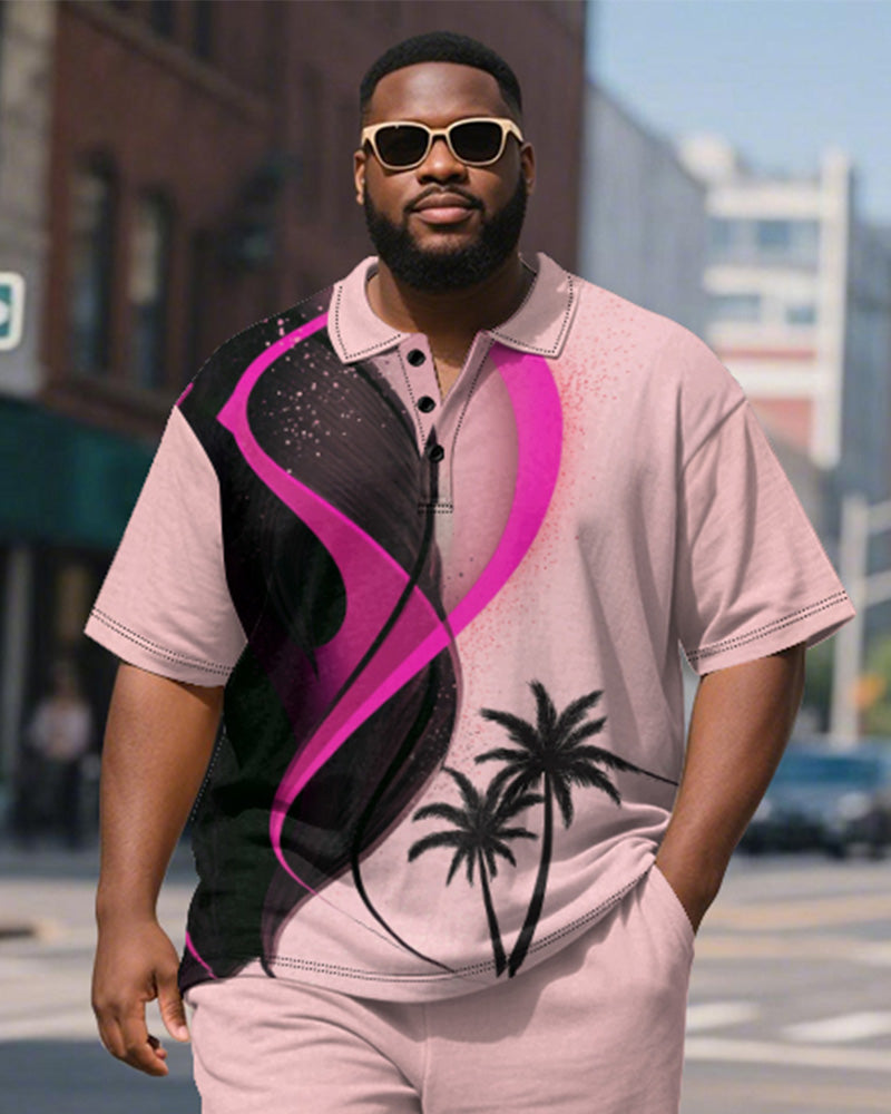 Big & Tall Pink Hawaiian Graphic Polo Shorts Set for big men view 3