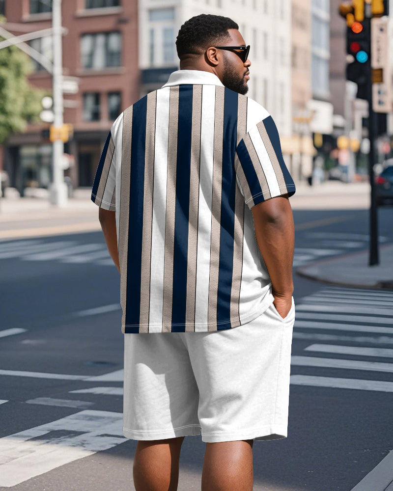 Big & Tall White Blue Striped Polo Shorts Set for big men view 5