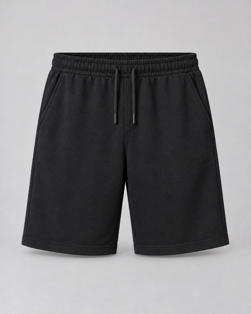 Plain black knee-length drawstring shorts only, front product view