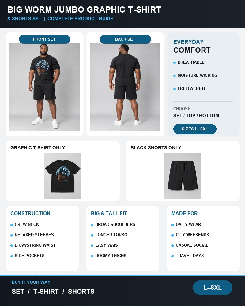 Big Worm Jumbo Graphic front and back, construction, fit, occasions and Set Top Bottom buying guide