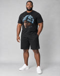 Big Worm Jumbo Graphic complete black T-shirt and shorts set, full body studio view