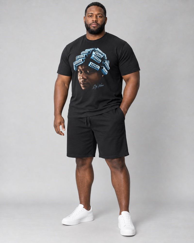 Big Worm Jumbo Graphic complete black T-shirt and shorts set, full body studio view