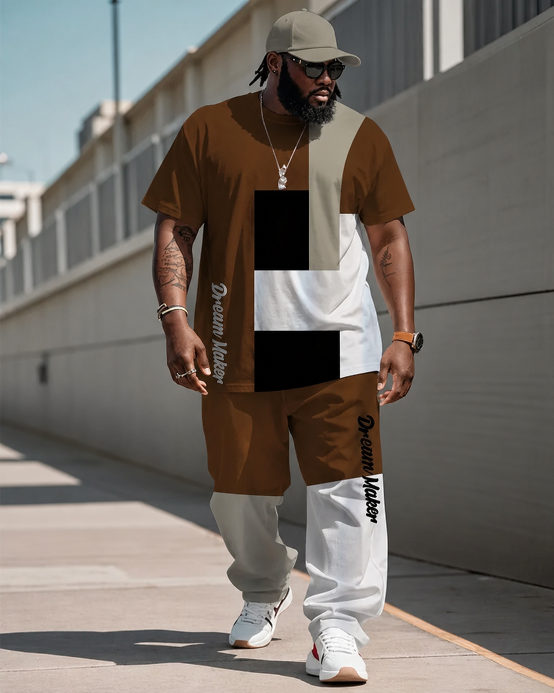 Men's Plus Size Brown Colorblock Geometric Alphabet Print T-Shirt Trousers Suit